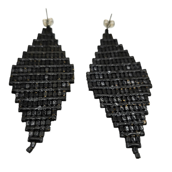 Pierced Earrings Black Beaded Rhinestone Diamond Shape Dangle Drop Bold SKU2780 - Picture 2 of 6